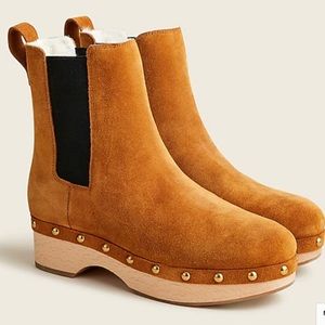 J Crew chelsea boots burnished pecan color, suede with faux Sherpa NWOT